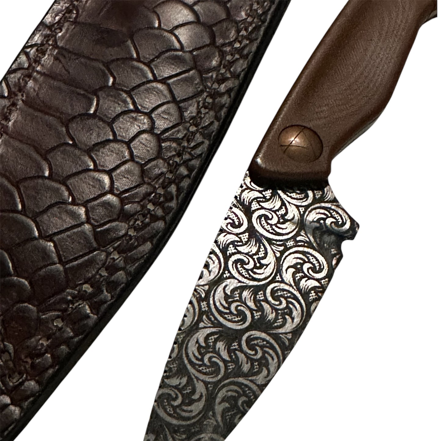 7” Floral Engraved Fixed Blade Knife Brown G10 Handle Handmade Leather Sheath Includes RockinEDC Steel Wax