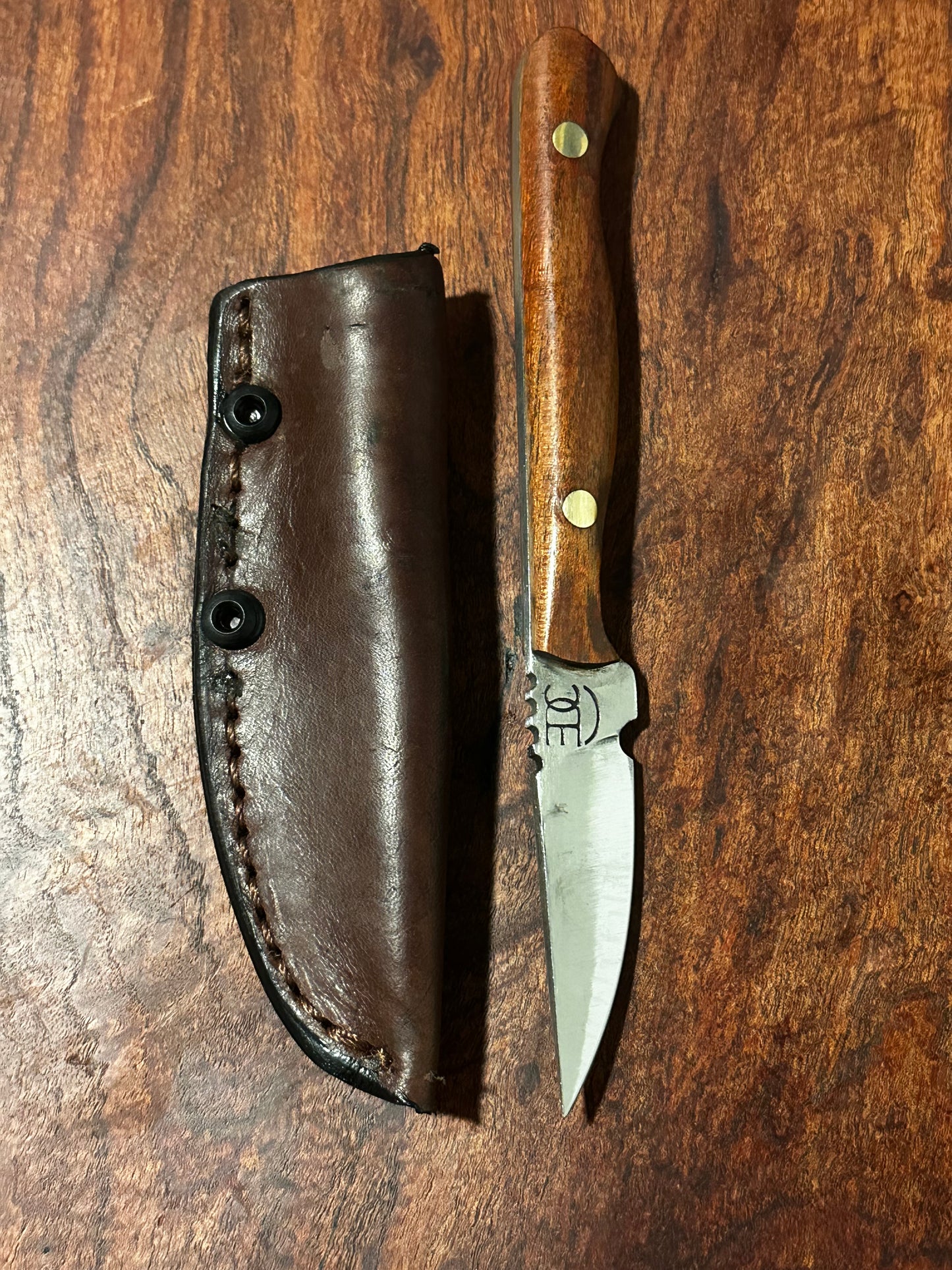 Flaco Fixed Blade Knife 80CrV2 High Carbon Steel Mesquite handle & leather sheath Texas Made