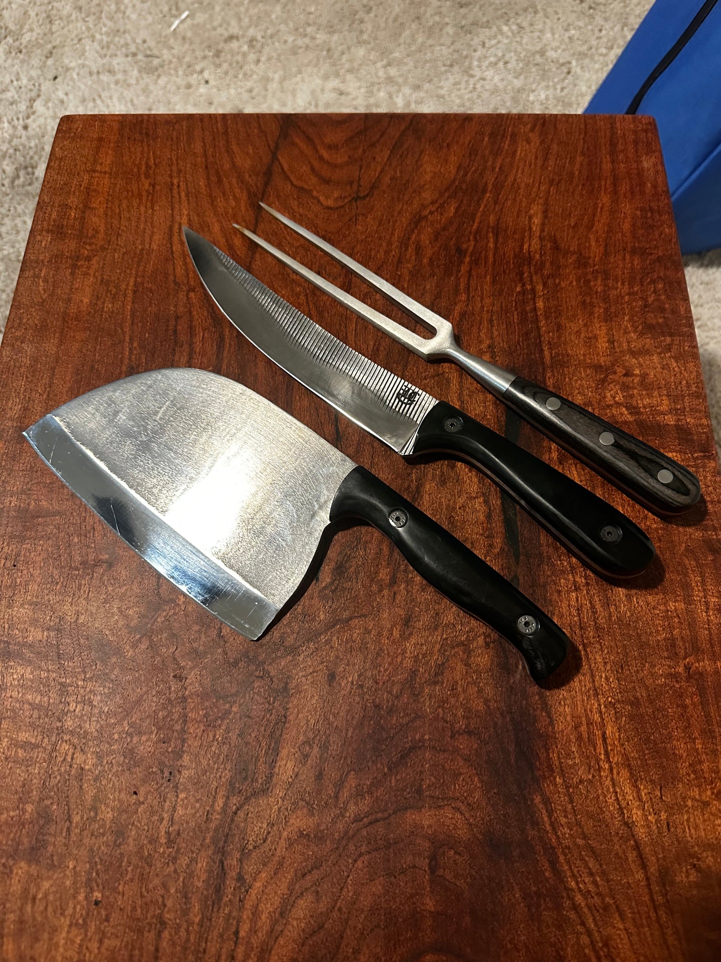 Handmade Black Handle Kitchen Tool Set RockinEDC Knife 1095 Cleaver Stainless Fork