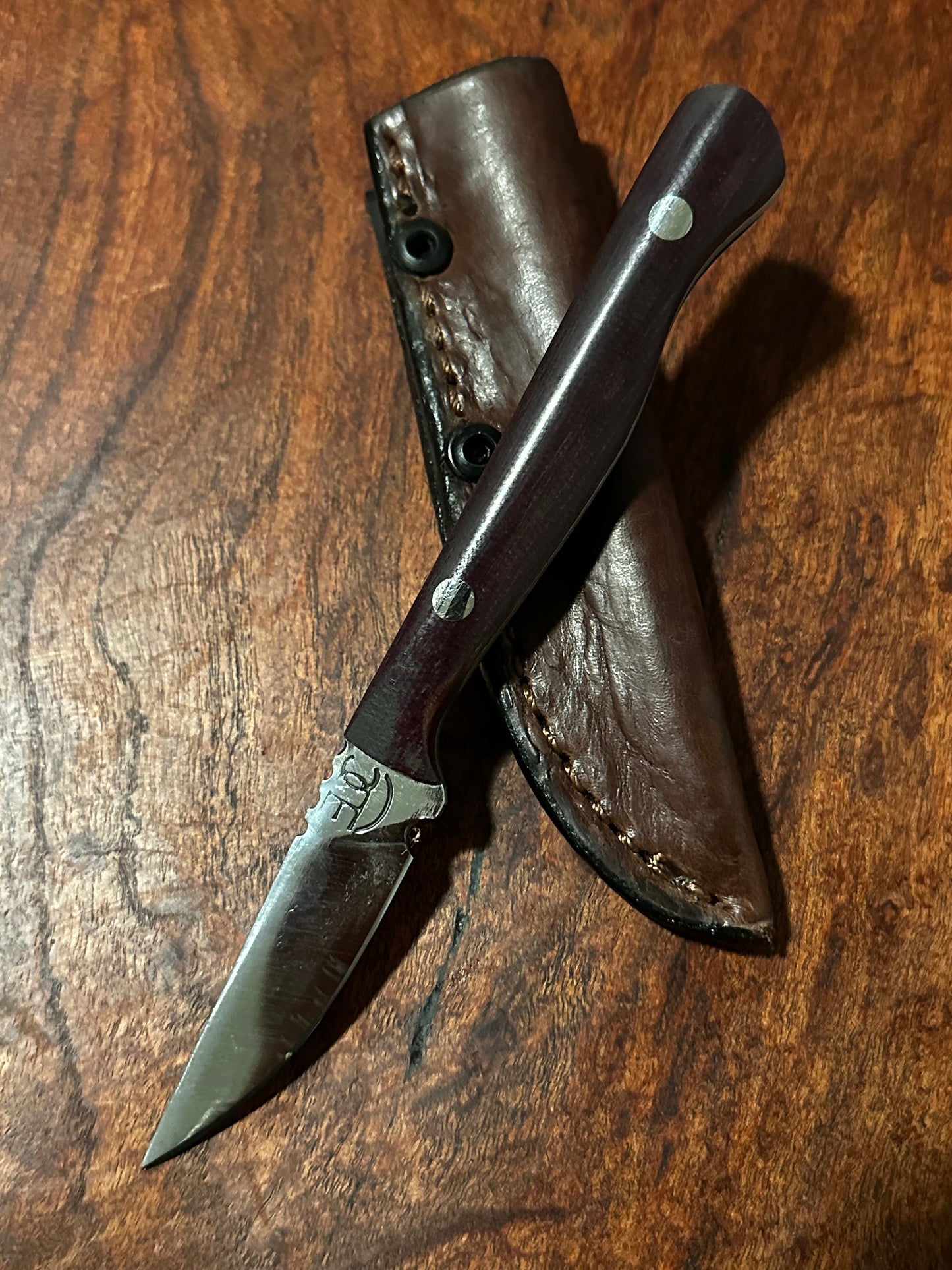 RockinEDC Flaco Fixed Blade Knife 80CrV2 High Carbon Steel Maroon Micarta handle & leather sheath Texas Made