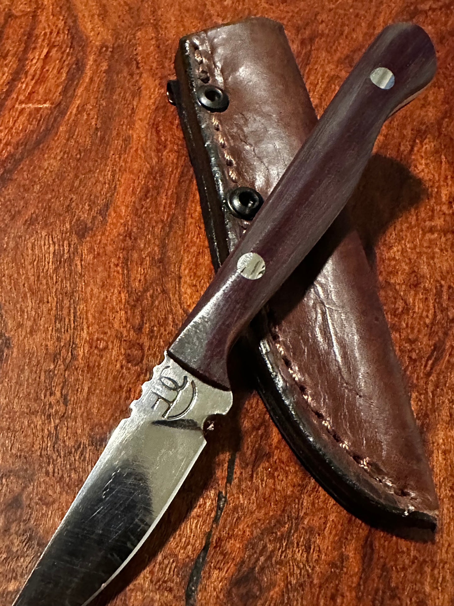RockinEDC Flaco Fixed Blade Knife 80CrV2 High Carbon Steel Maroon Micarta handle & leather sheath Texas Made
