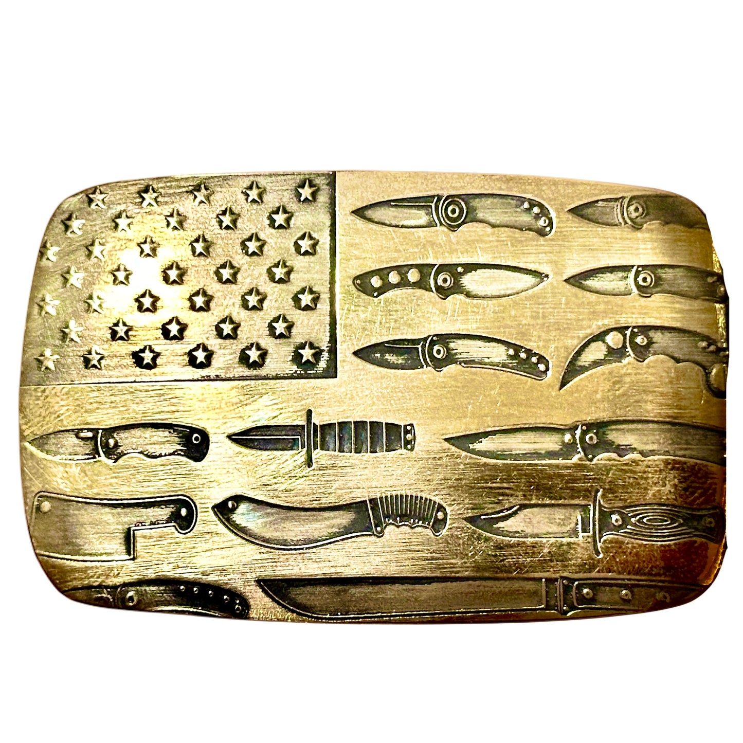 RockinEDC American Flag Knife Collection Solid Brass Belt Buckle – Custom Laser Engraved 3 × 2 Inch