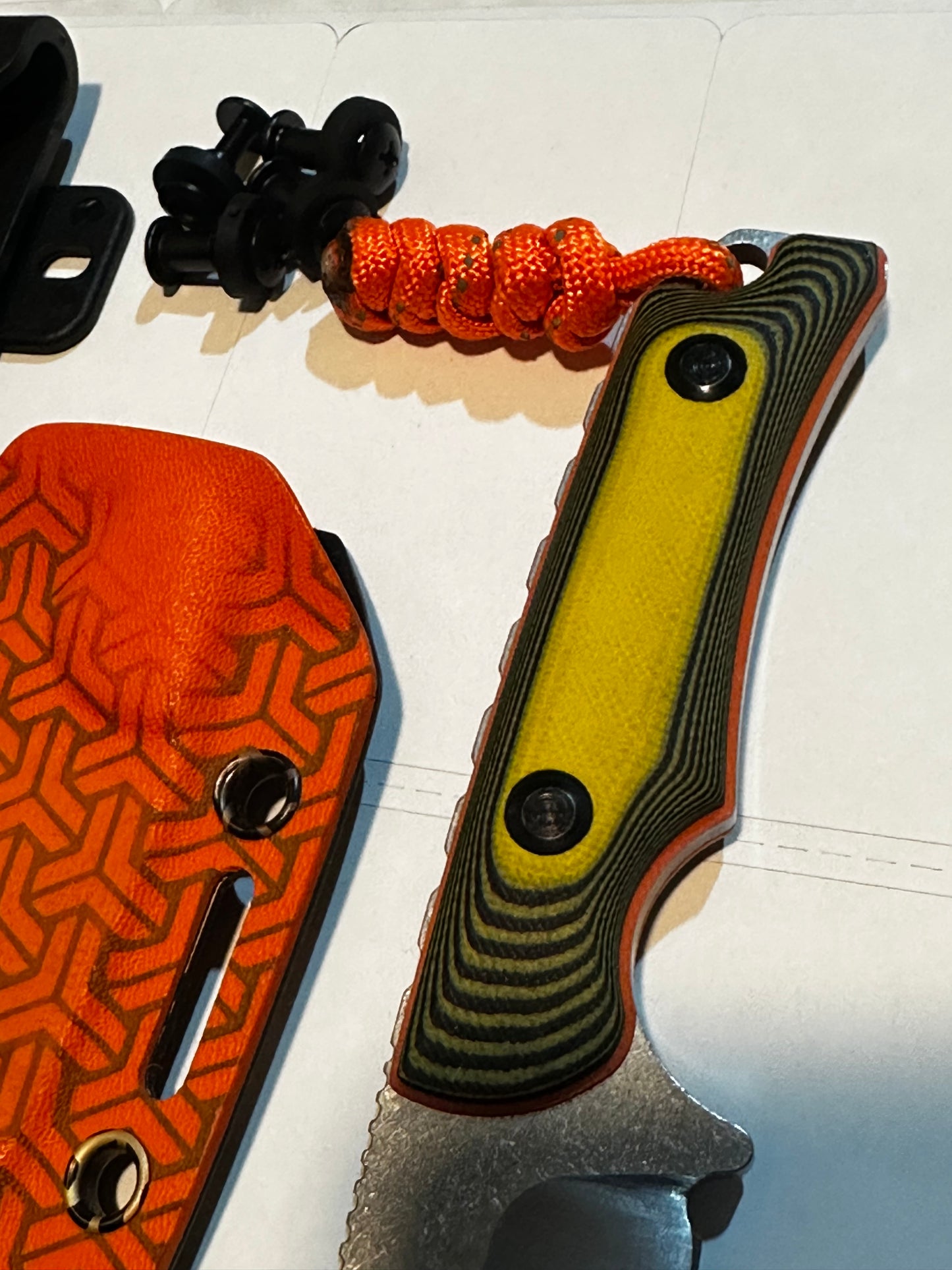 D2 Fixed Blade EDC Knife w/ Custom Orange Triangle Pattern Kydex Sheath G10 Handle Dual Carry Clips 6.3”