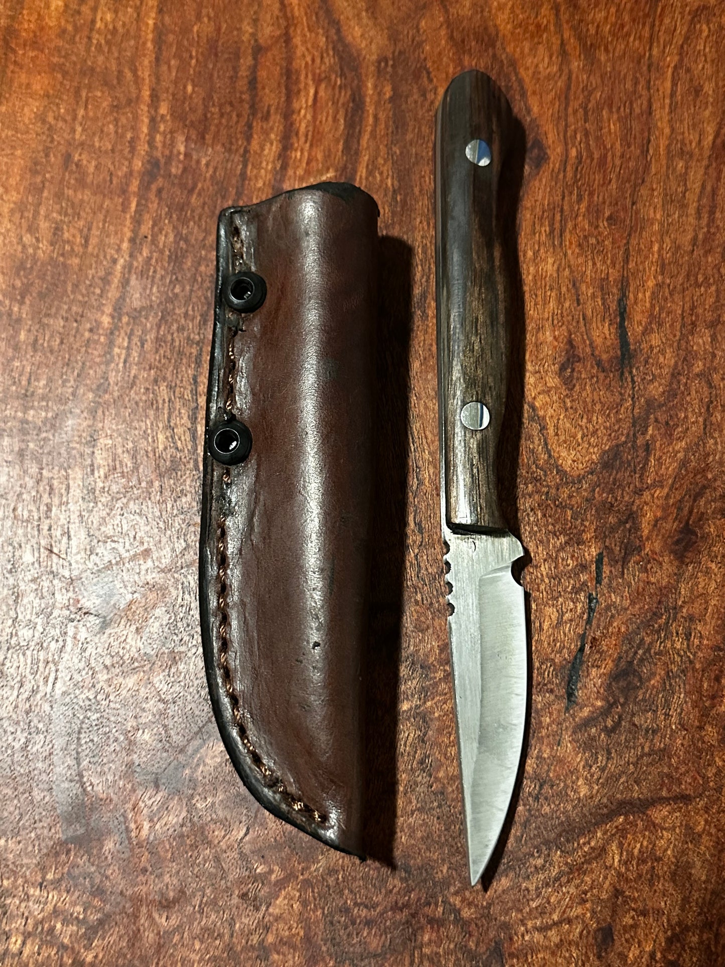 RockinEDC Flaco Fixed Blade Knife 80CrV2 High Carbon Steel Macassar Ebony handle & leather sheath USA Texas Made