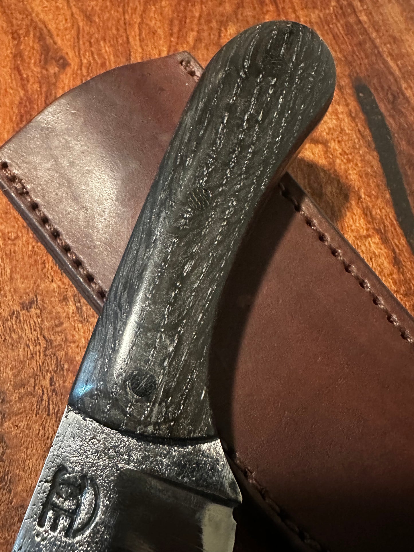Jinete Hand Forged 5160 Fixed Blade Knife Ukrainian Bog Oak Handle Handmade Leather Sheath RockinEDC