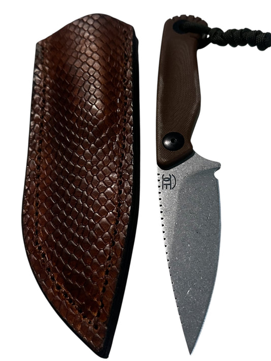Compact 7.5” Stonewash Fixed Brown Micarta Handmade leather Sheath