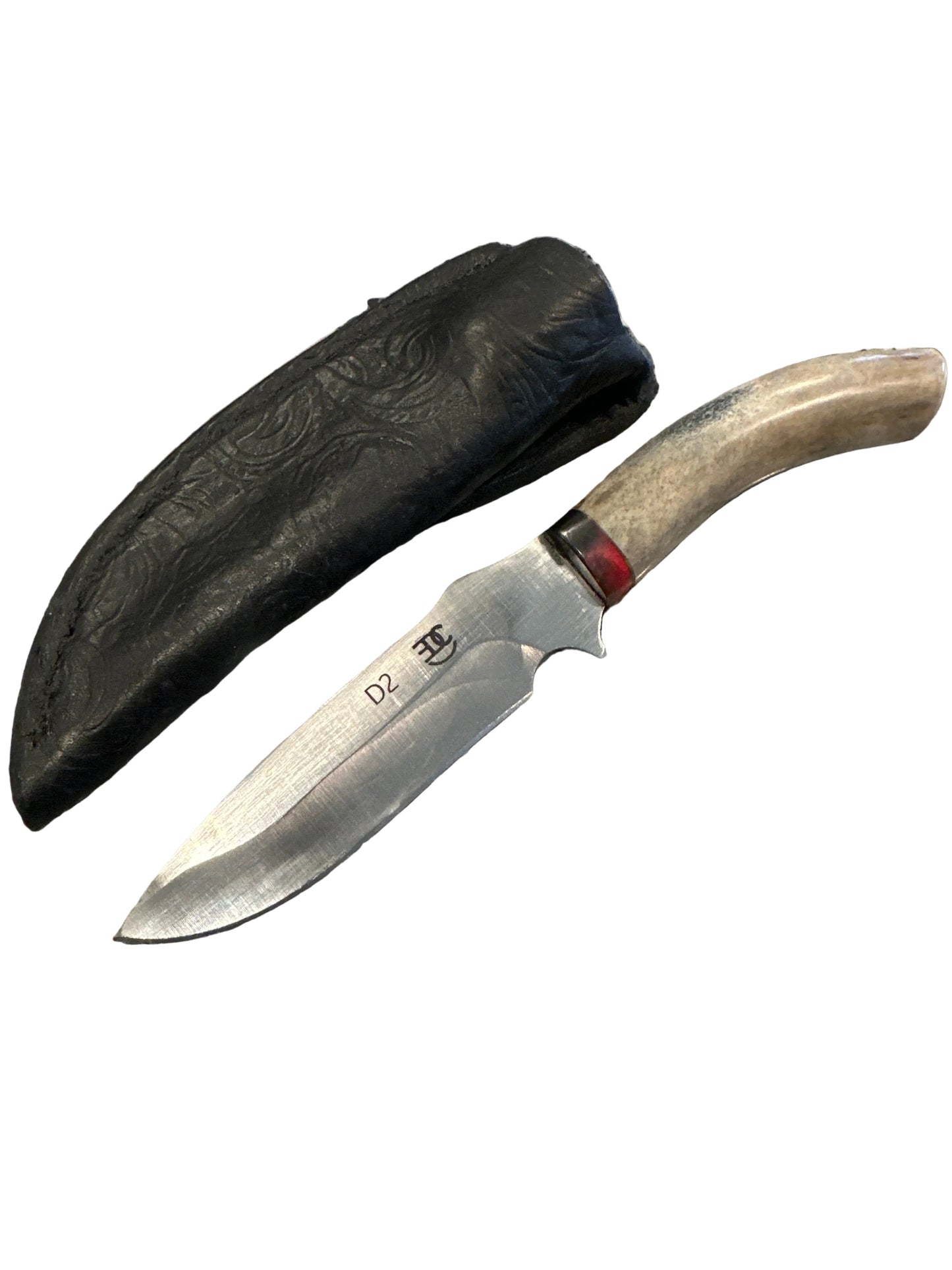 RockinEDC Handmade D2 Steel Hunting Knife – Whitetail Antler Handle w/ Handmade Floral Pattern Leather Sheath (006)