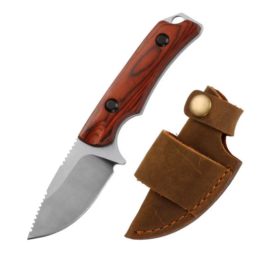 Compact Fixed Blade Knife – 8Cr13MoV Steel w/ Wood Handle & Leather Sheath (7.7”)