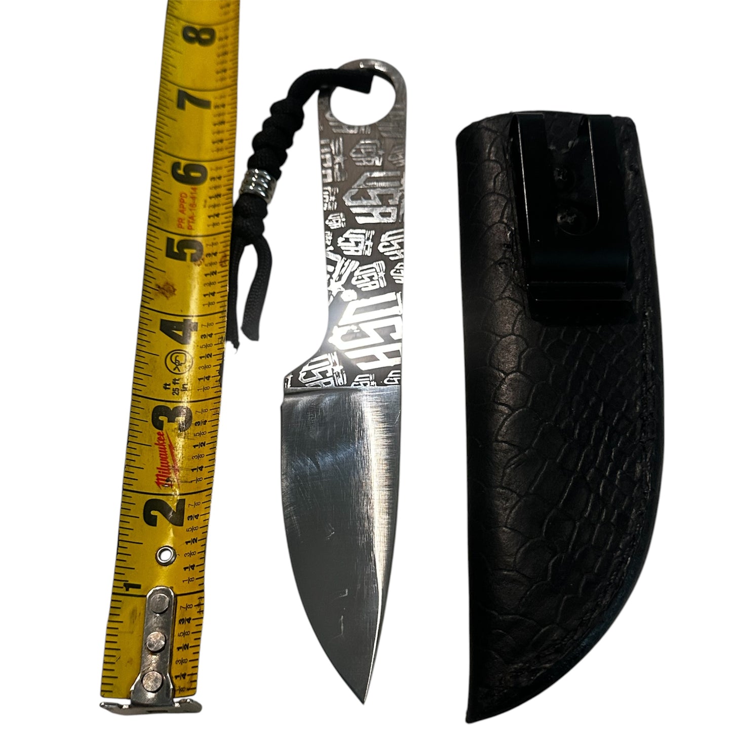 USA Engraved EDC Fixed Blade Knife 7.25” Overall Handmade Leather Sheath Includes RockinEDC Steel Wax