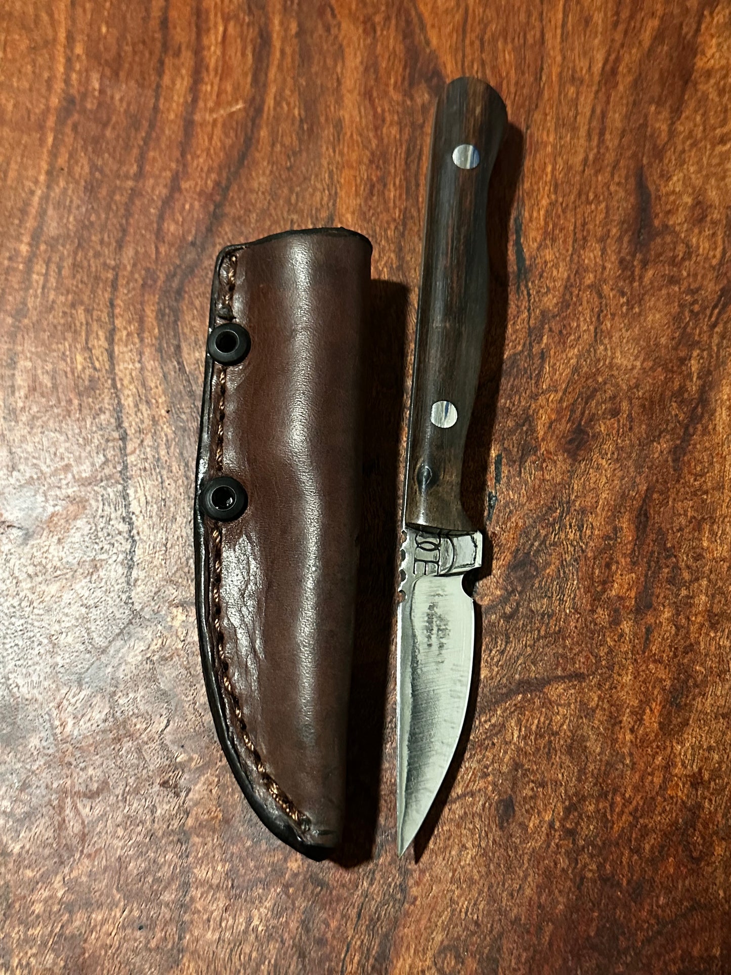 RockinEDC Flaco Fixed Blade Knife 80CrV2 High Carbon Steel Macassar Ebony handle & leather sheath Texas Made