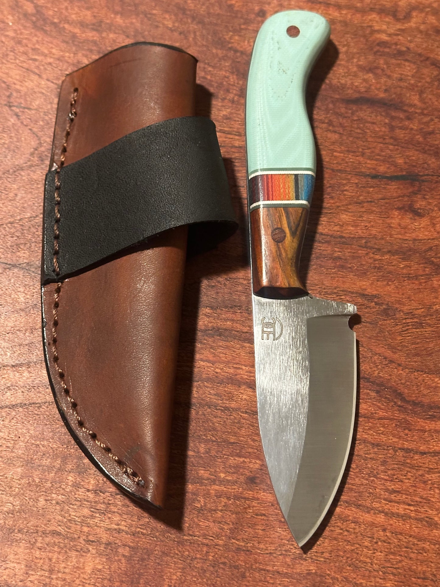 RockinEDC Bracero Handmade 1084 Carbon Steel EDC Knife – Cocobolo and Serape Micarta Handle with Side-Carry Leather Sheath
