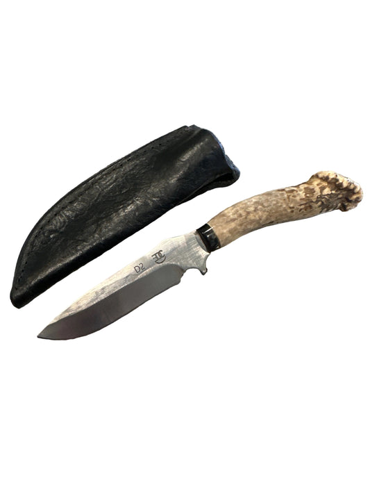 RockinEDC Handmade D2 Steel Hunting Knife – Whitetail Antler Handle Mexico Eagle w/ Handmade Floral Pattern Leather Sheath (008)