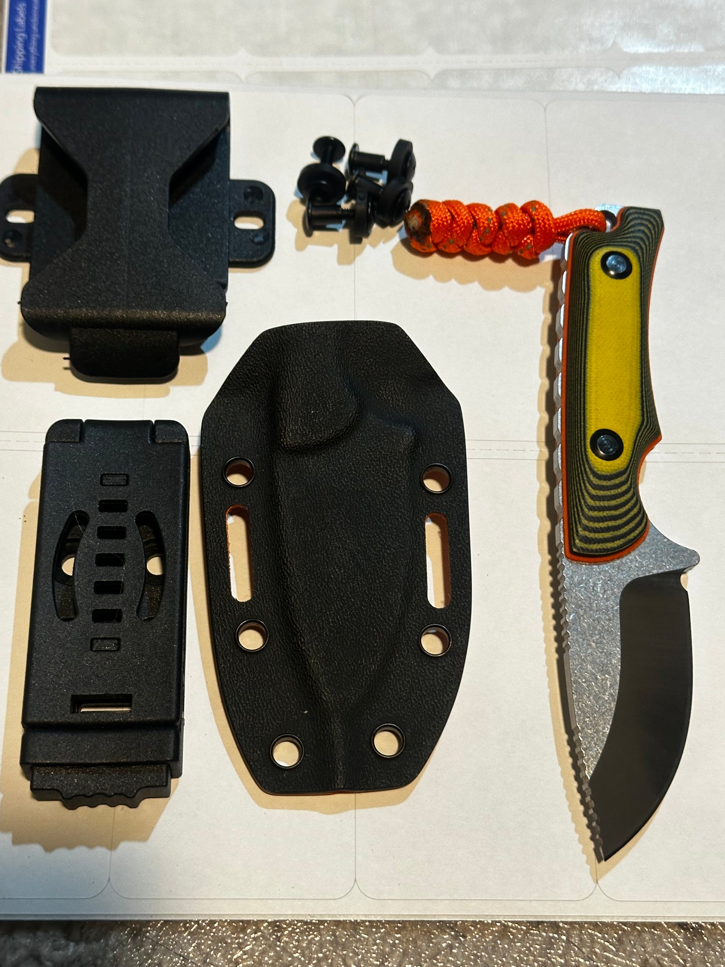 D2 Fixed Blade EDC Knife w/ Custom Orange Triangle Pattern Kydex Sheath G10 Handle Dual Carry Clips 6.3”