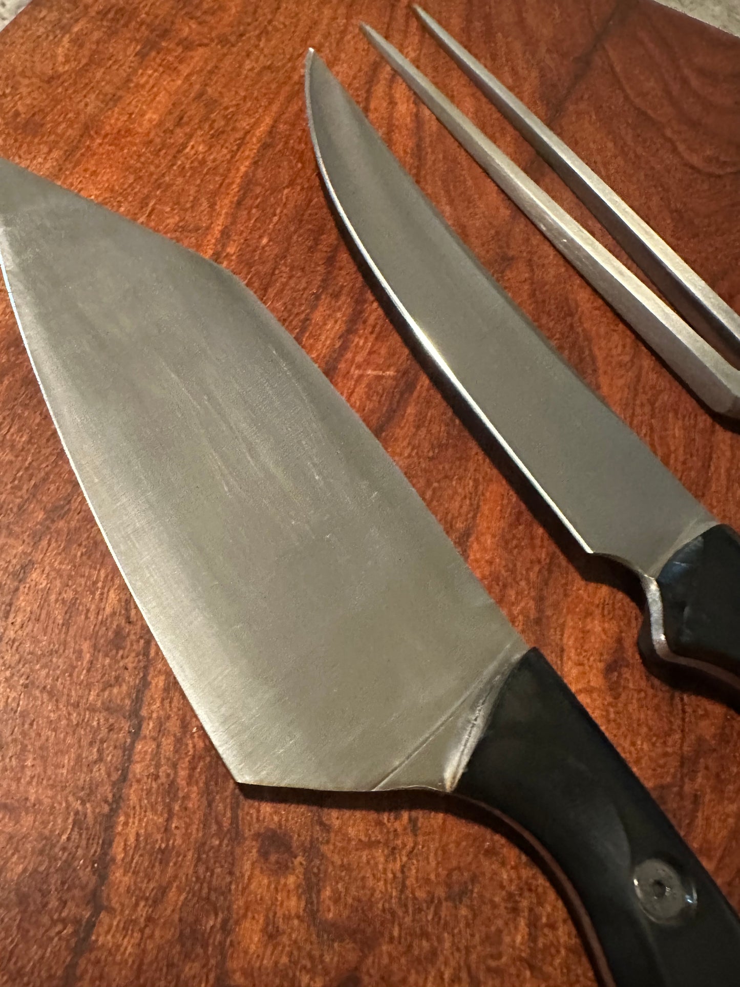 Custom Handled Stainless Kitchen Knife Cleaver & Carving Fork 3 Pc Set