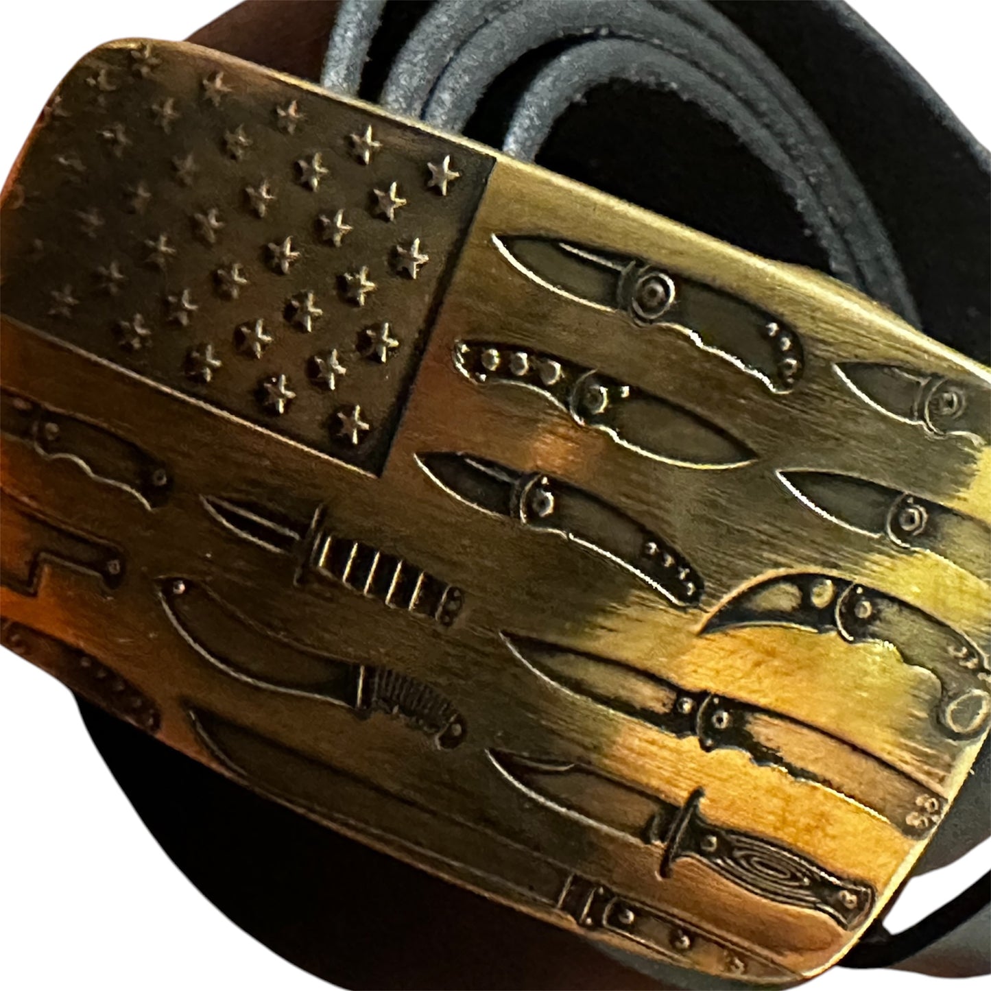RockinEDC American Flag Knife Collection Solid Brass Belt Buckle – Custom Laser Engraved 3 × 2 Inch