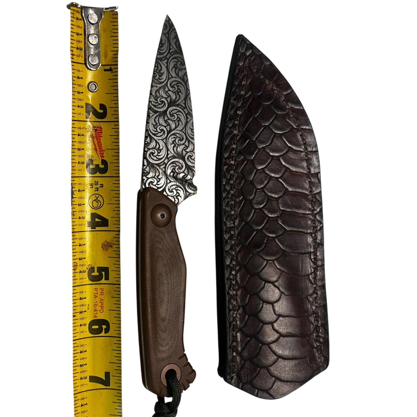 7” Floral Engraved Fixed Blade Knife Brown G10 Handle Handmade Leather Sheath Includes RockinEDC Steel Wax