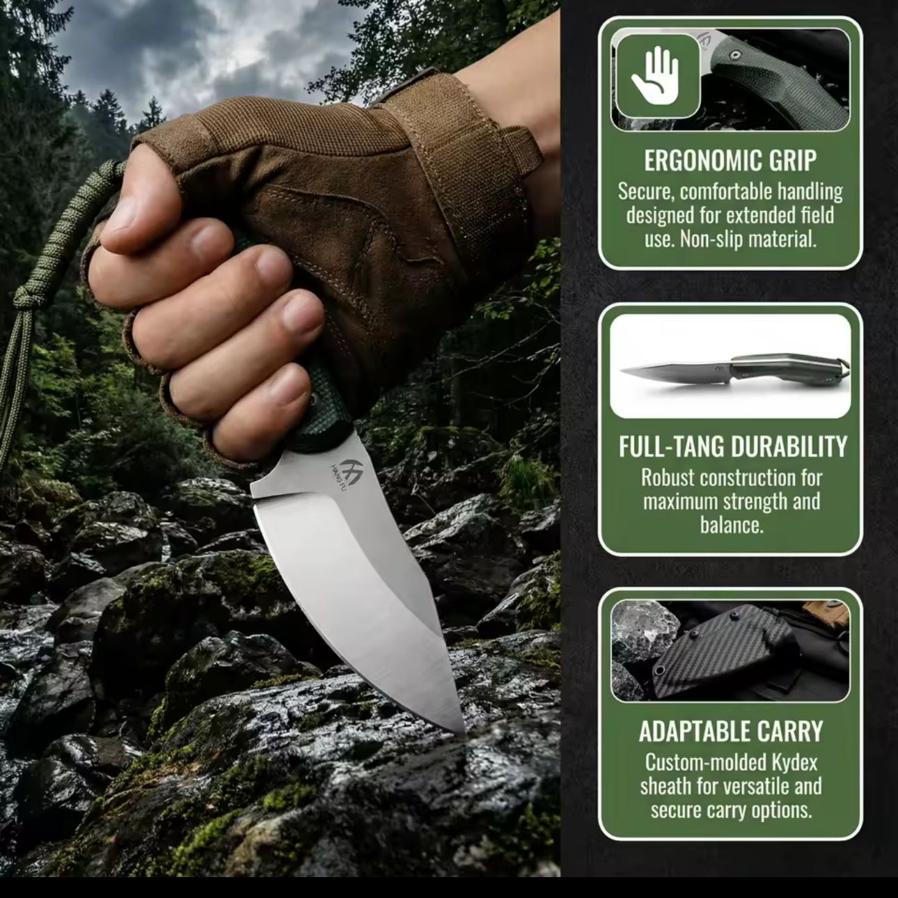 HungFu Compact Fixed Blade Knife – Green Handle w/ Sheath Compact Tactical EDC 7” Overall