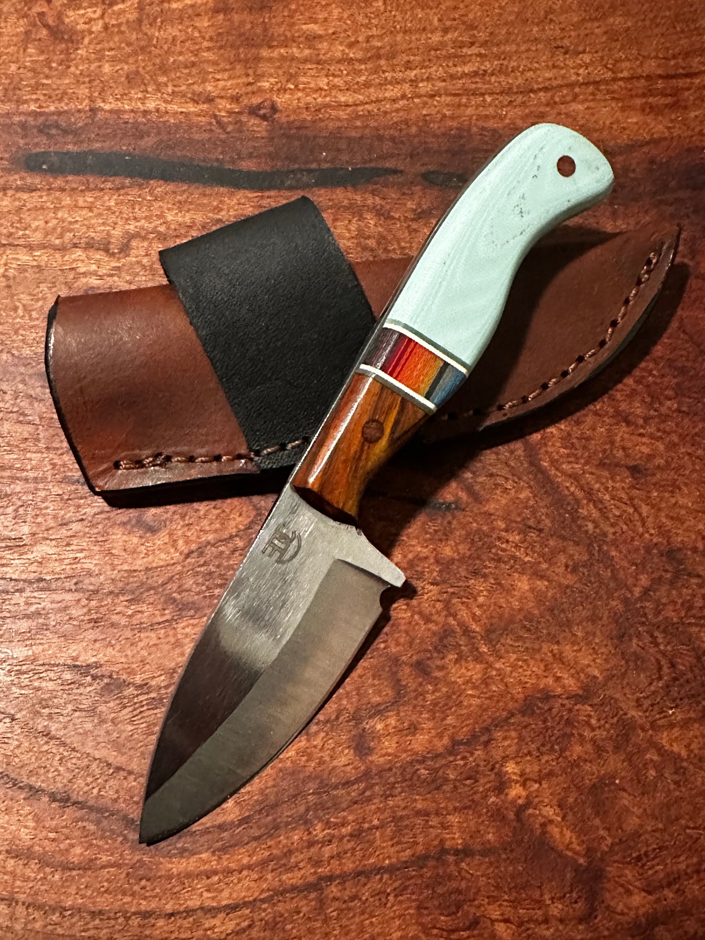 RockinEDC Bracero Handmade 1084 Carbon Steel EDC Knife – Cocobolo and Serape Micarta Handle with Side-Carry Leather Sheath
