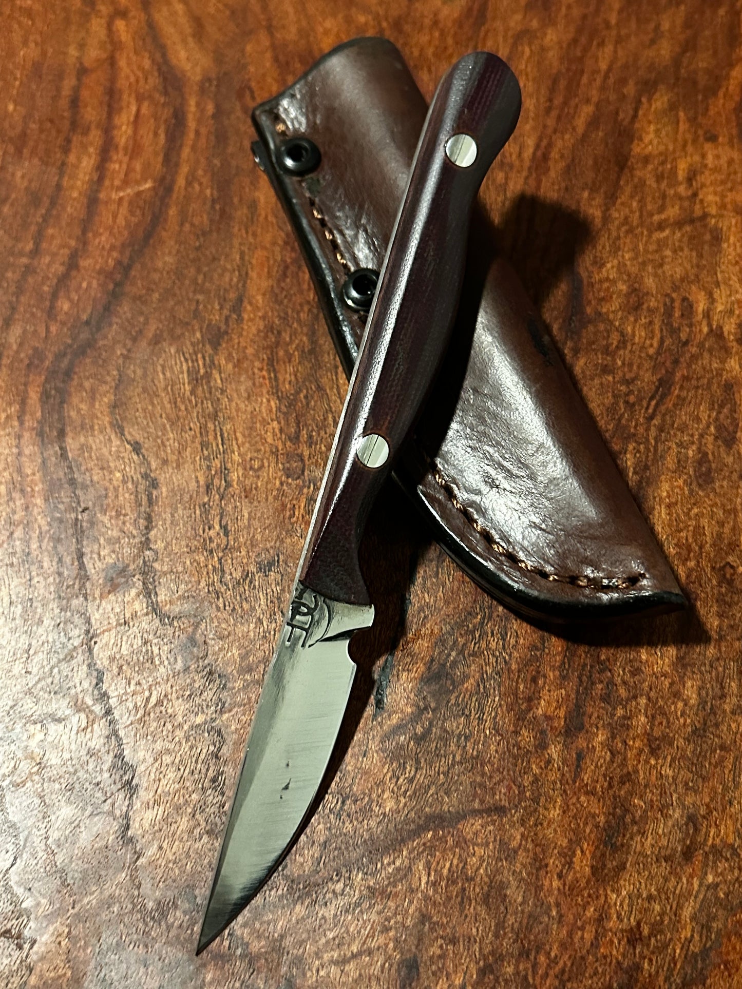 RockinEDC Flaco Fixed Blade Knife 80CrV2 High Carbon Steel Maroon Micarta handle & leather sheath USA Texas Made