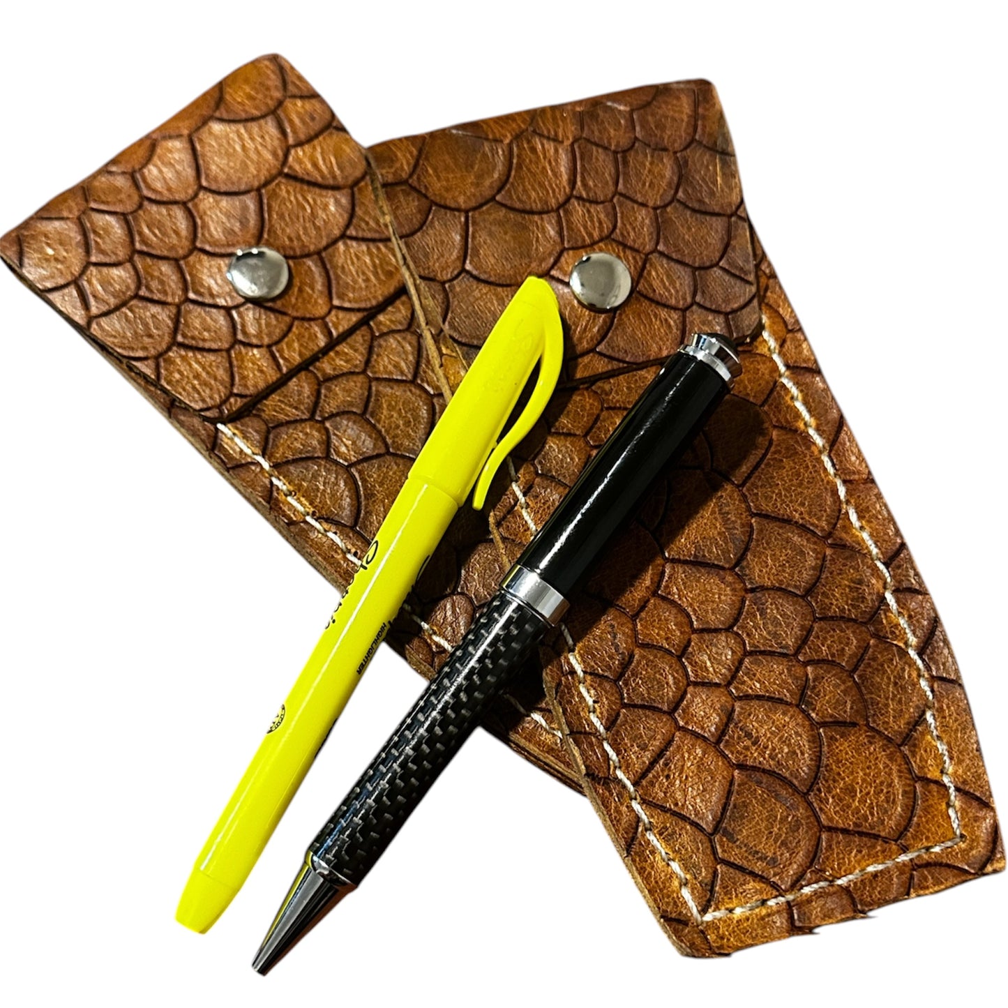 Handmade Brown Dragon Scale Leather Pen Case Two-Pen EDC Pouch White Stitching RockinEDC