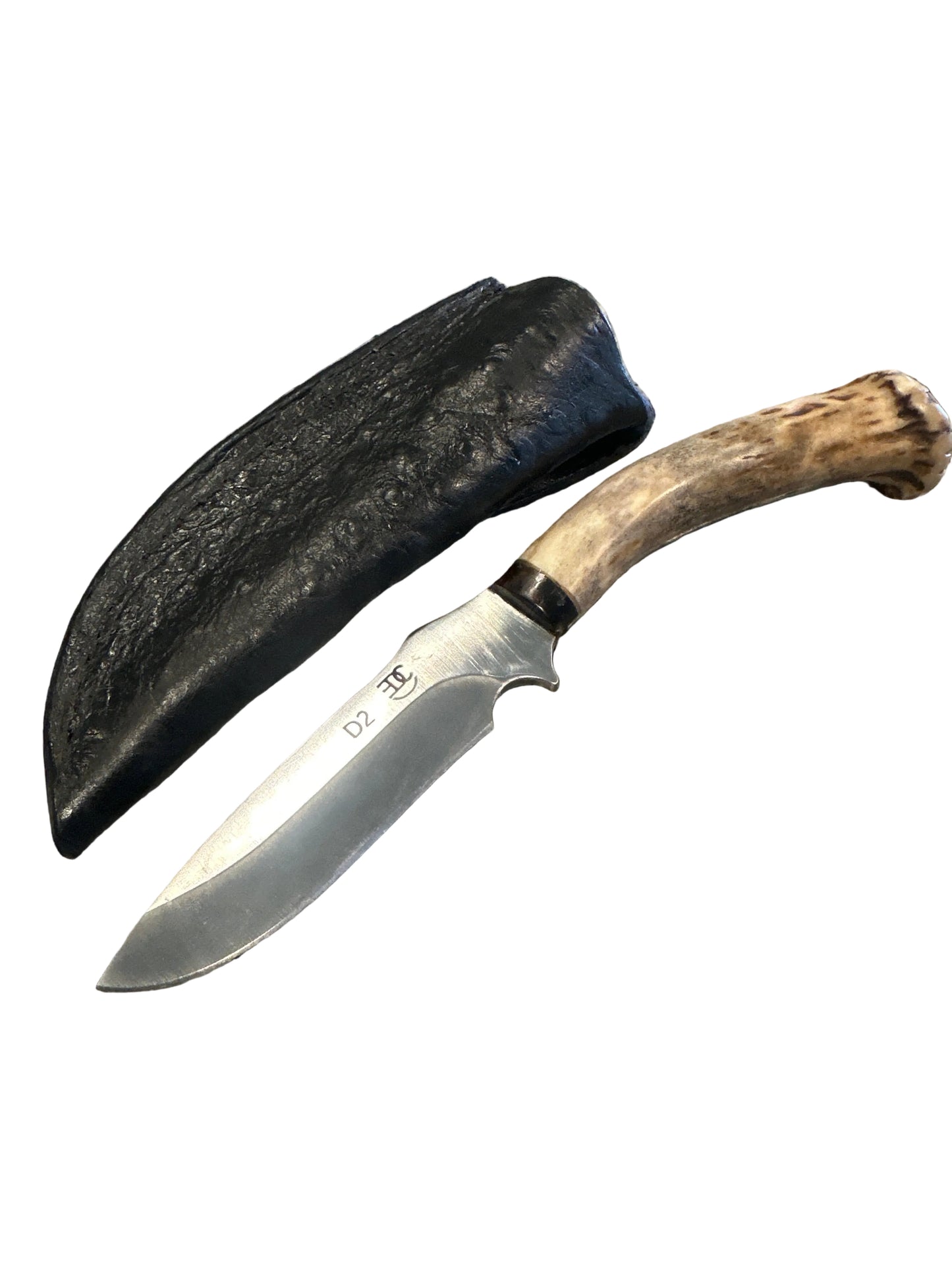 RockinEDC Handmade D2 Steel Hunting Knife – Mexico Coin Whitetail Antler Handle w/ Handmade Ostrich Pattern Leather Sheath (005)