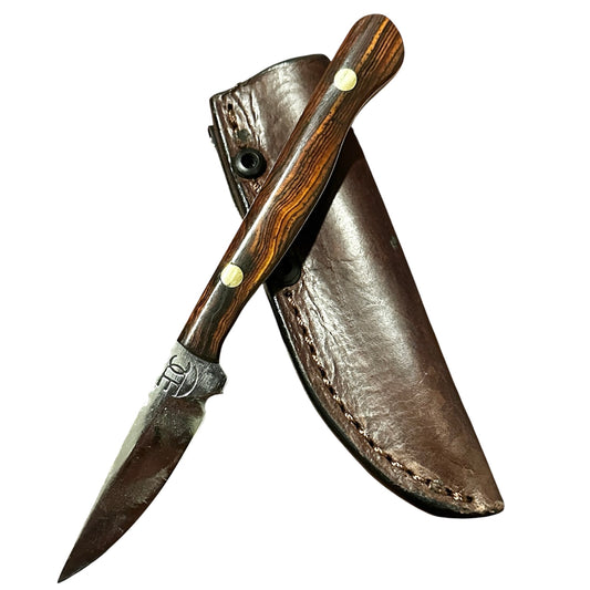 RockinEDC Flaco Fixed Blade Knife 80CrV2 High Carbon Steel Cocobolo handle & leather sheath Texas Made
