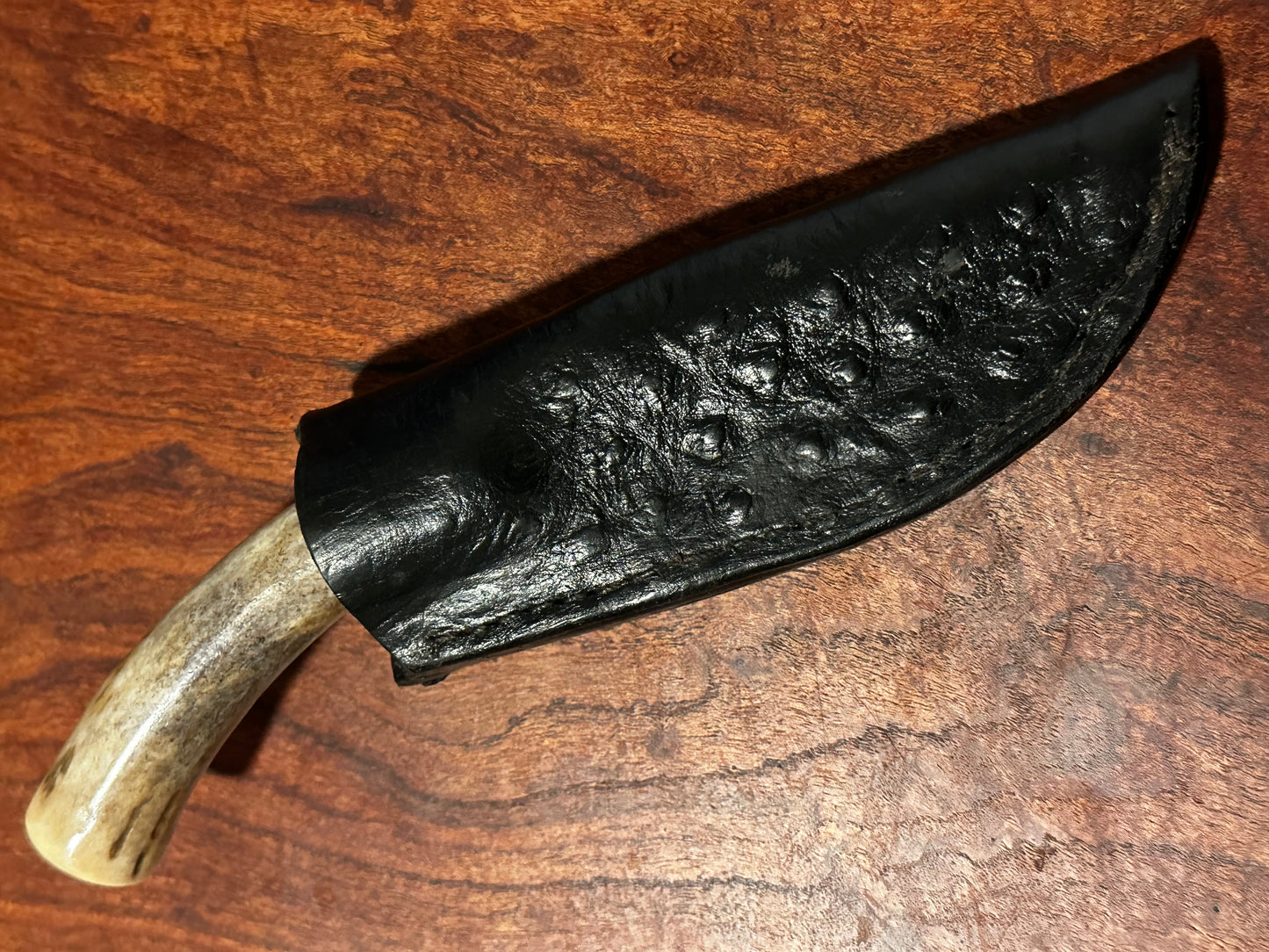 RockinEDC Handmade D2 Steel Hunting Knife – Whitetail Antler Handle w/ Handmade Floral Pattern Leather Sheath (005)