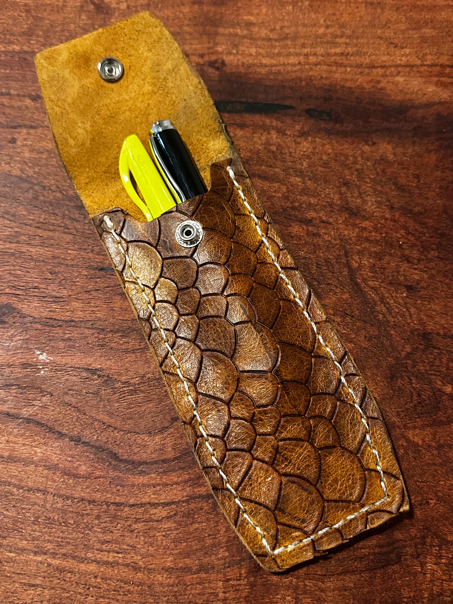 Handmade Brown Dragon Scale Leather Pen Case Two-Pen EDC Pouch White Stitching RockinEDC