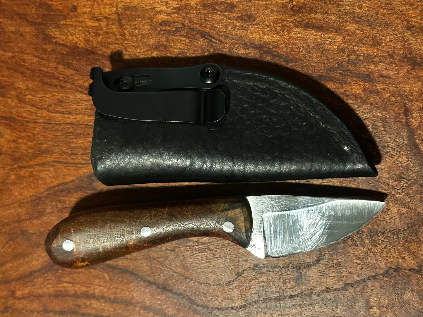 RockinEDC Blade Short Skinner Knife Forged 5160 Steel w/ Mesquite Handle & Leather Sheath