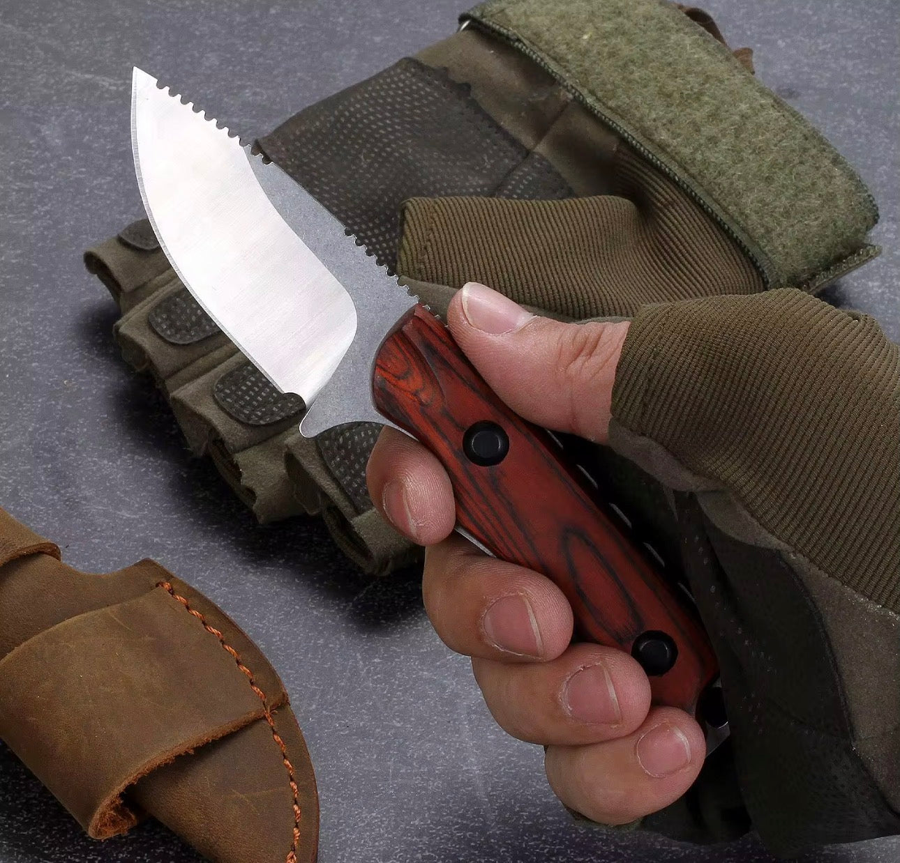 Compact Fixed Blade Knife – 8Cr13MoV Steel w/ Wood Handle & Leather Sheath (7.7”)