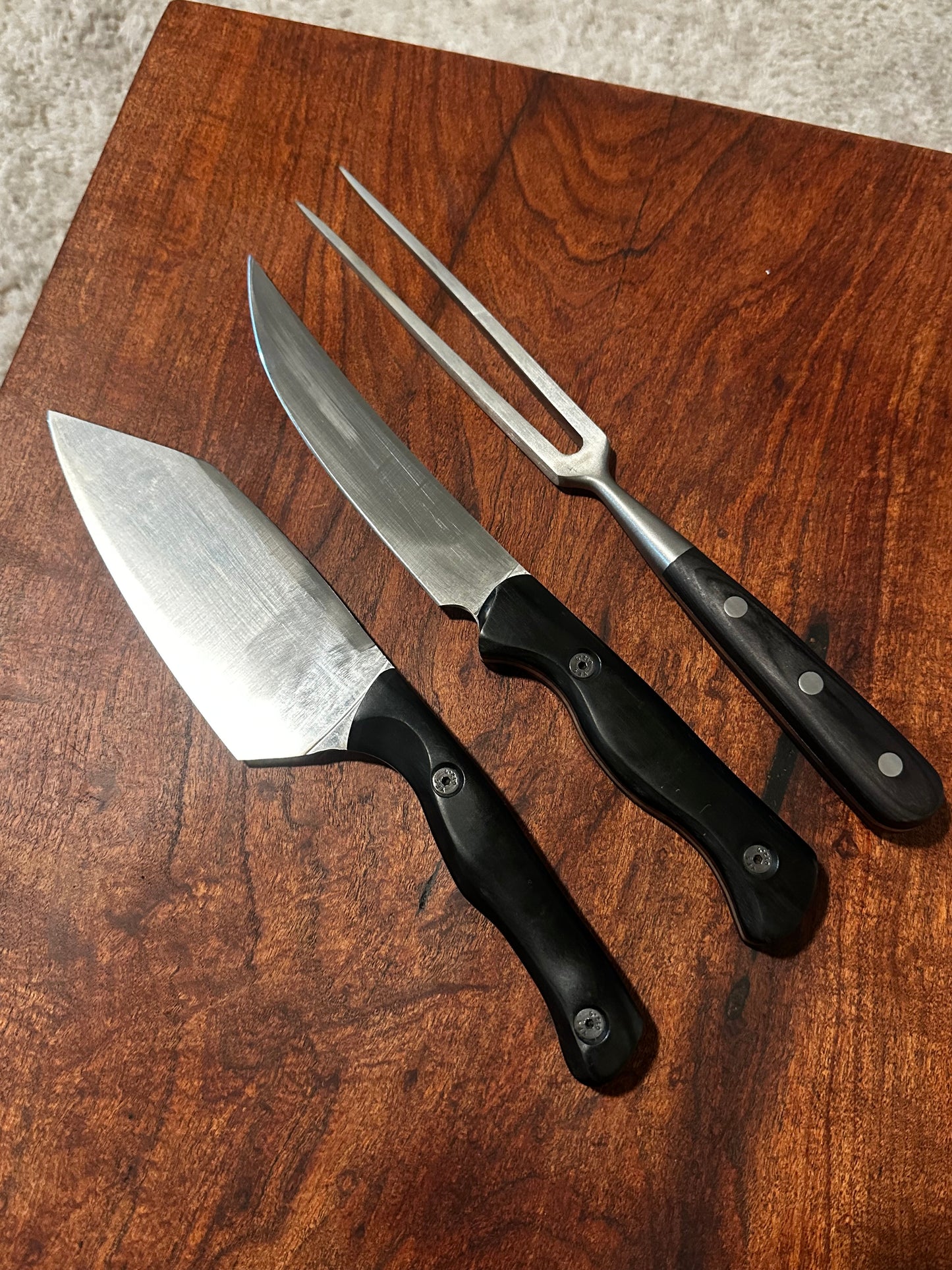 Custom Handled Stainless Kitchen Knife Cleaver & Carving Fork 3 Pc Set