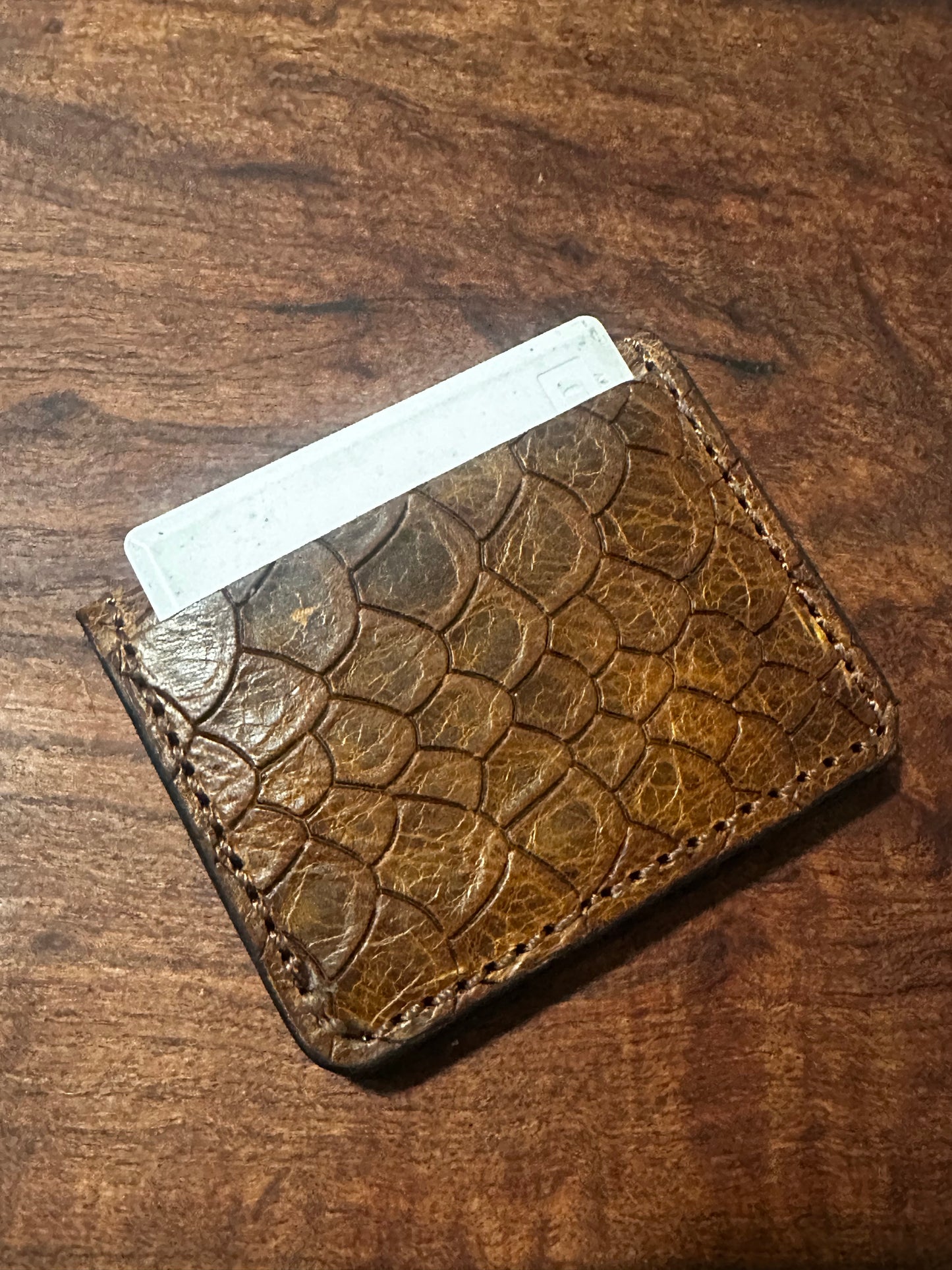 Handmade Brown Dragon Scale Leather Wallet Slim Bifold with ID Window