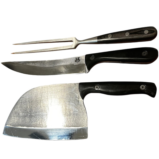 Handmade Black Handle Kitchen Tool Set RockinEDC Knife 1095 Cleaver Stainless Fork