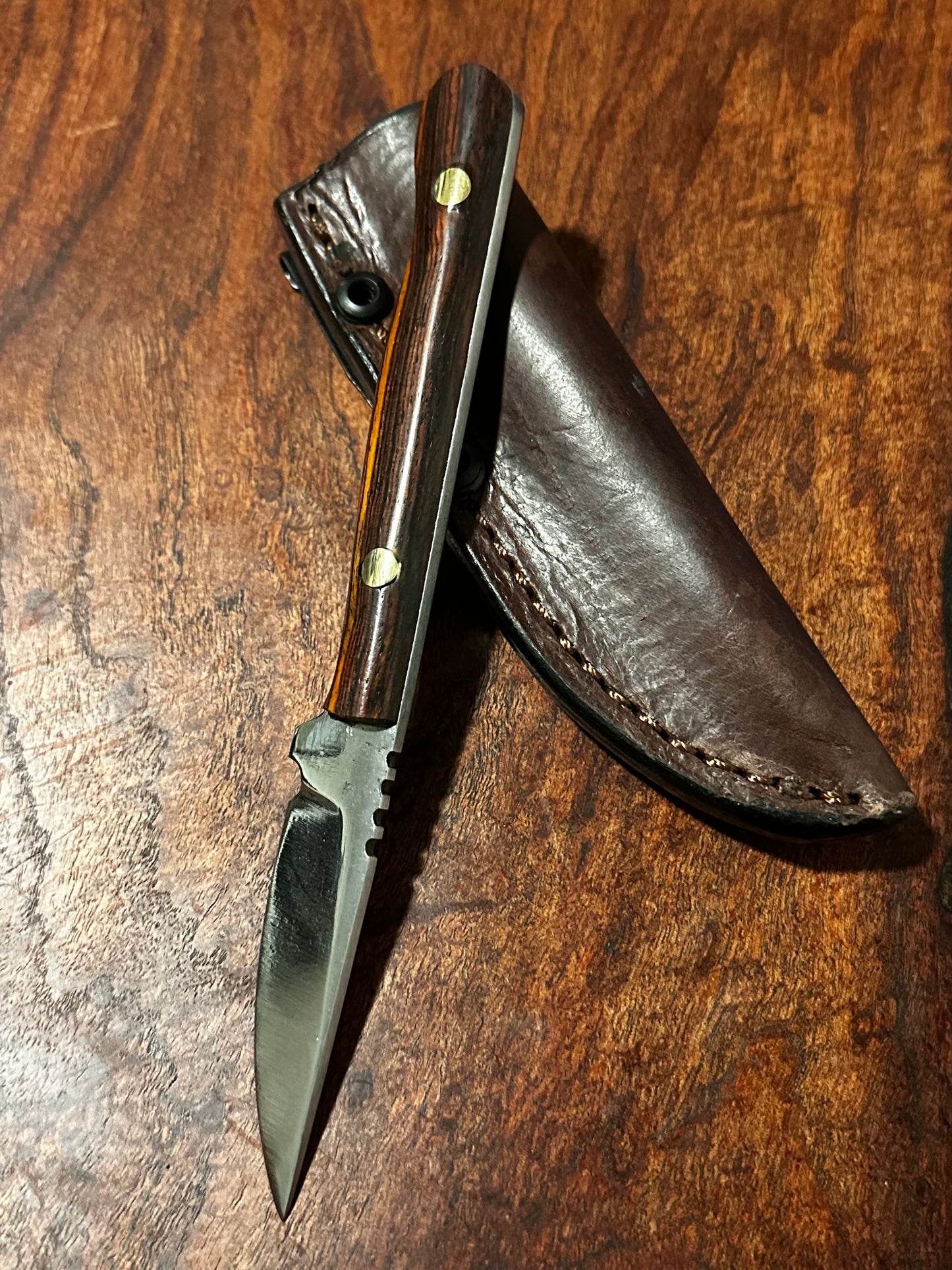 RockinEDC Flaco Fixed Blade Knife 80CrV2 High Carbon Steel Cocobolo handle & leather sheath Texas Made