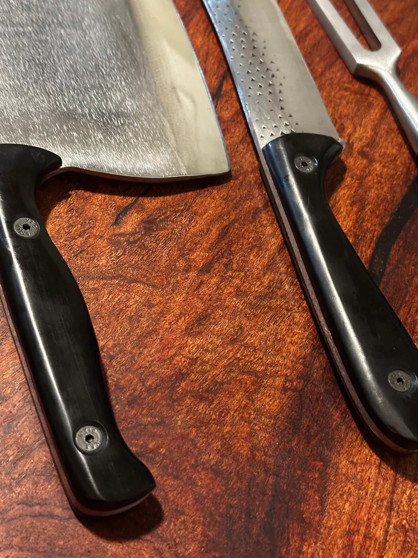 Handmade Black Handle Kitchen Tool Set RockinEDC Knife 1095 Cleaver Stainless Fork