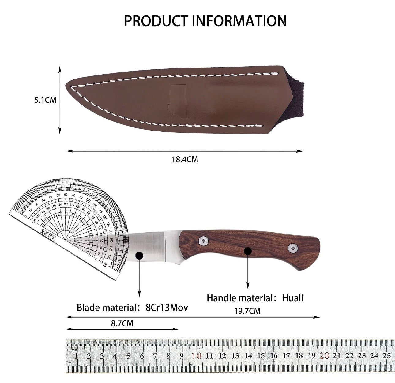 Fixed Blade Hunting Knife – 8Cr13MoV Steel w/ Wood Handle & Leather Sheath (7.8”)