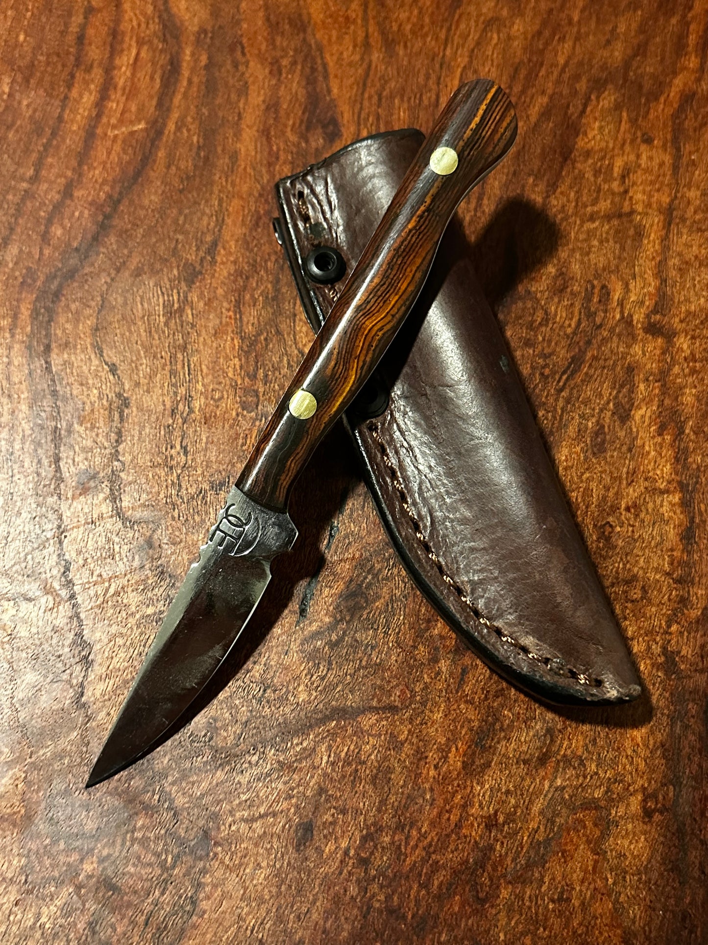 RockinEDC Flaco Fixed Blade Knife 80CrV2 High Carbon Steel Cocobolo handle & leather sheath Texas Made