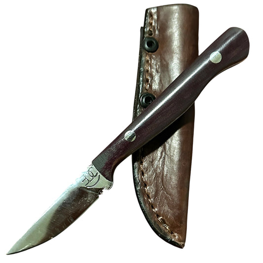 RockinEDC Flaco Fixed Blade Knife 80CrV2 High Carbon Steel Maroon Micarta handle & leather sheath Texas Made