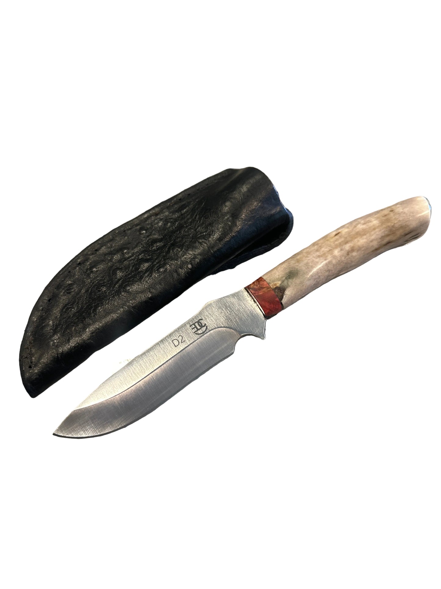 RockinEDC Handmade D2 Steel Hunting Knife – Whitetail Antler Handle w/ Handmade Ostrich Pattern Leather Sheath (004)