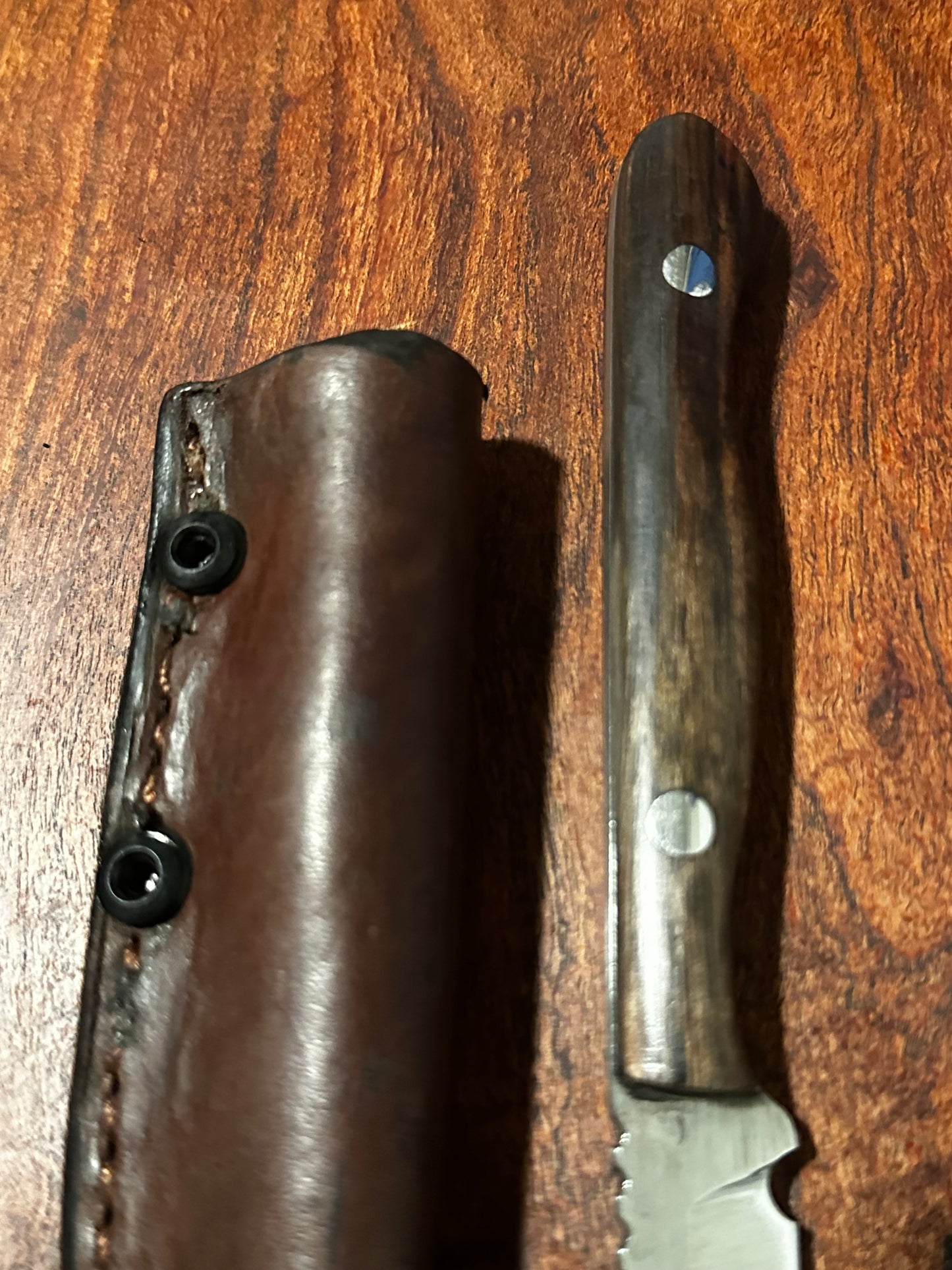 RockinEDC Flaco Fixed Blade Knife 80CrV2 High Carbon Steel Macassar Ebony handle & leather sheath USA Texas Made