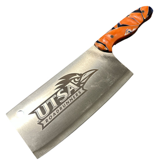 UTSA Roadrunners San Antonio Texas - Meat Cleaver Chef Knife Stainless Steel Butcher Knife Blue Orange Resin Handmade Handle