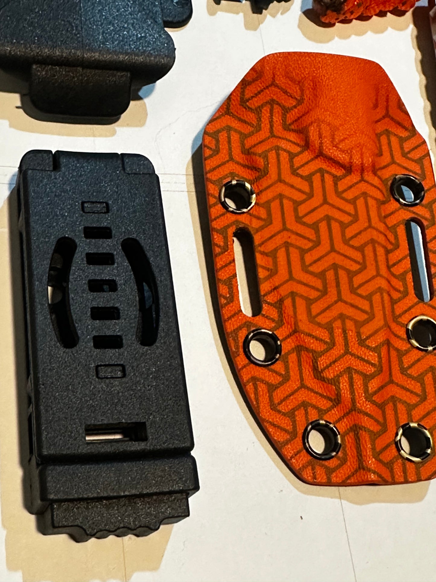 D2 Fixed Blade EDC Knife w/ Custom Orange Triangle Pattern Kydex Sheath G10 Handle Dual Carry Clips 6.3”