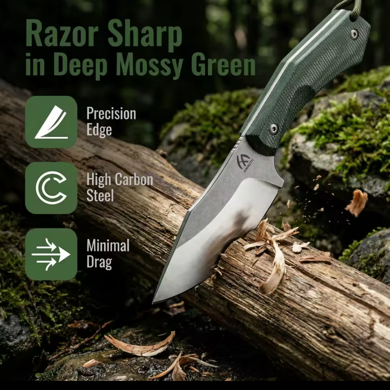 HungFu Compact Fixed Blade Knife – Green Handle w/ Sheath Compact Tactical EDC 7” Overall