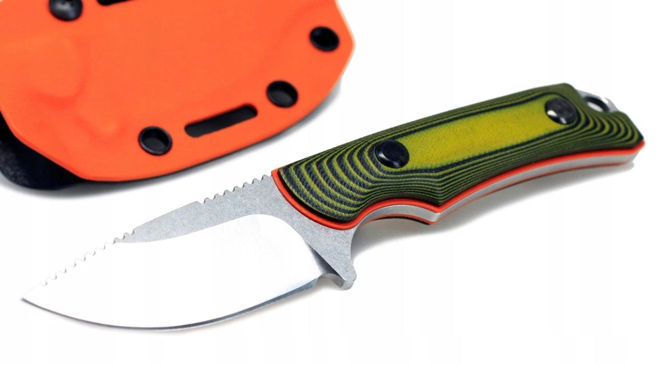 D2 Fixed Blade EDC Knife w/ Custom Orange Triangle Pattern Kydex Sheath G10 Handle Dual Carry Clips 6.3”