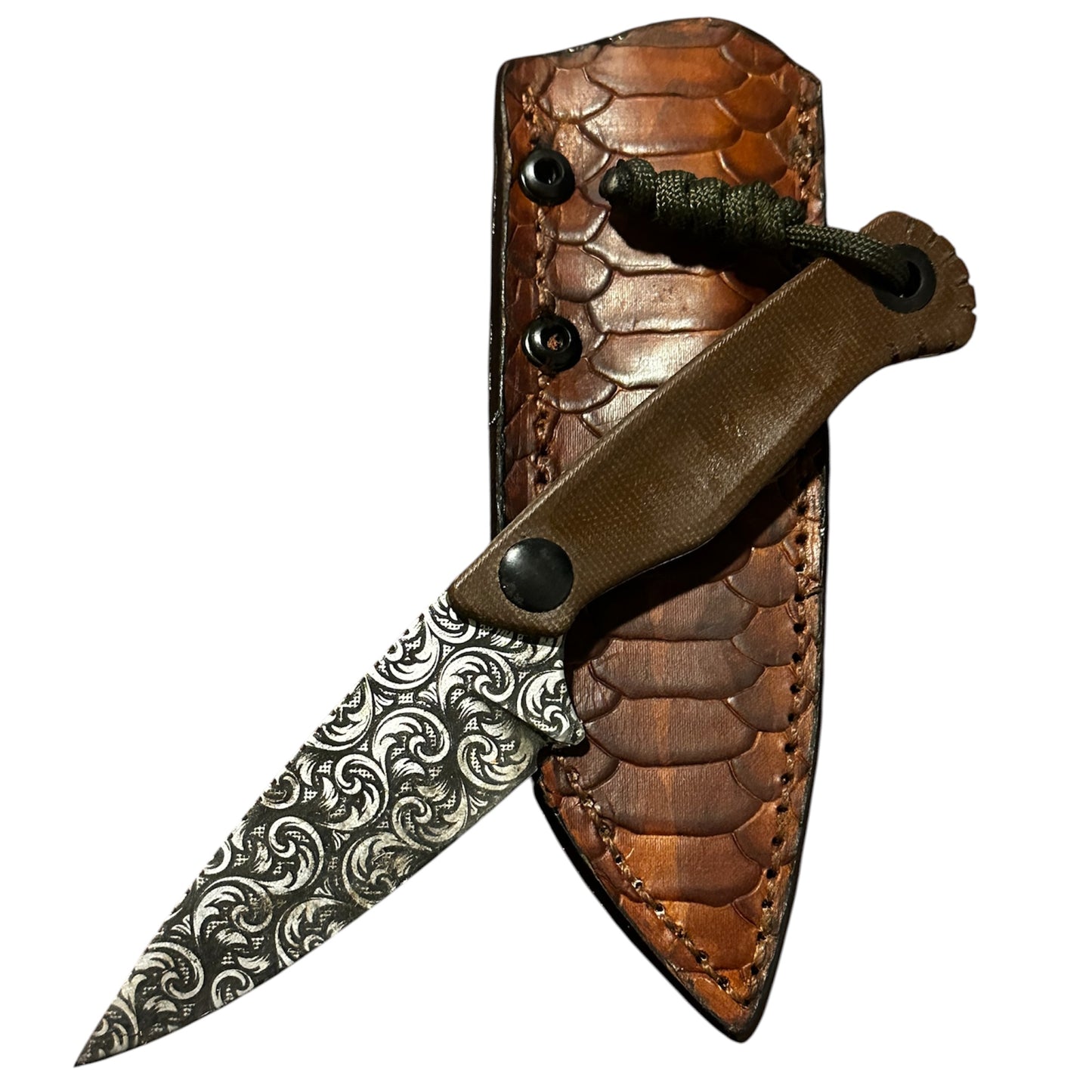 Bracero Fixed Blade Hunting Knife – 8Cr13MoV Steel Floral w/ Brown G10 Handle & Leather Sheath