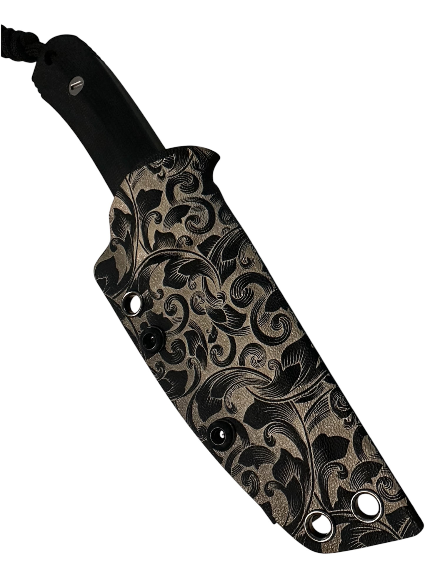 Compact 7-inch D2 fixed blade featuring black Micarta scales, custom floral engraved Kydex sheath, black paracord lanyard, and complimentary RockinEDC Steel Wax.