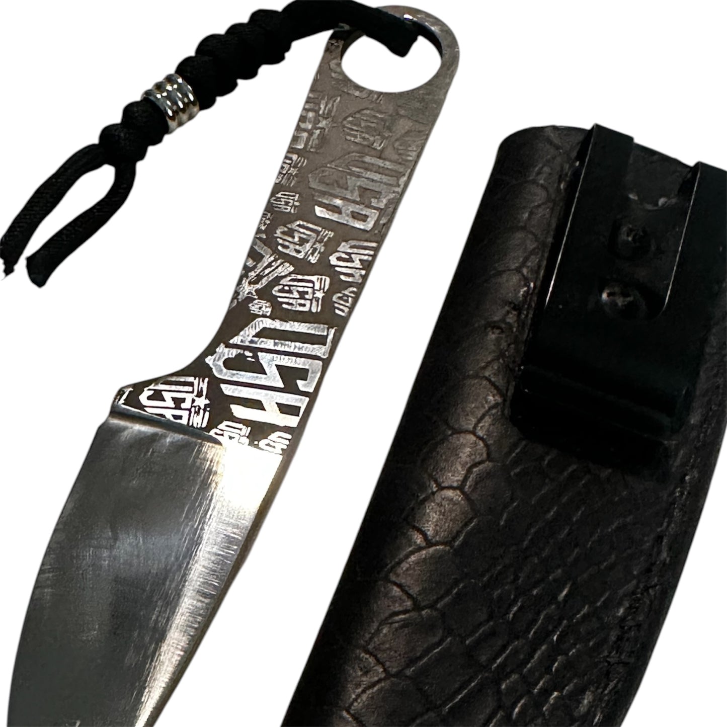 USA Engraved EDC Fixed Blade Knife 7.25” Overall Handmade Leather Sheath Includes RockinEDC Steel Wax