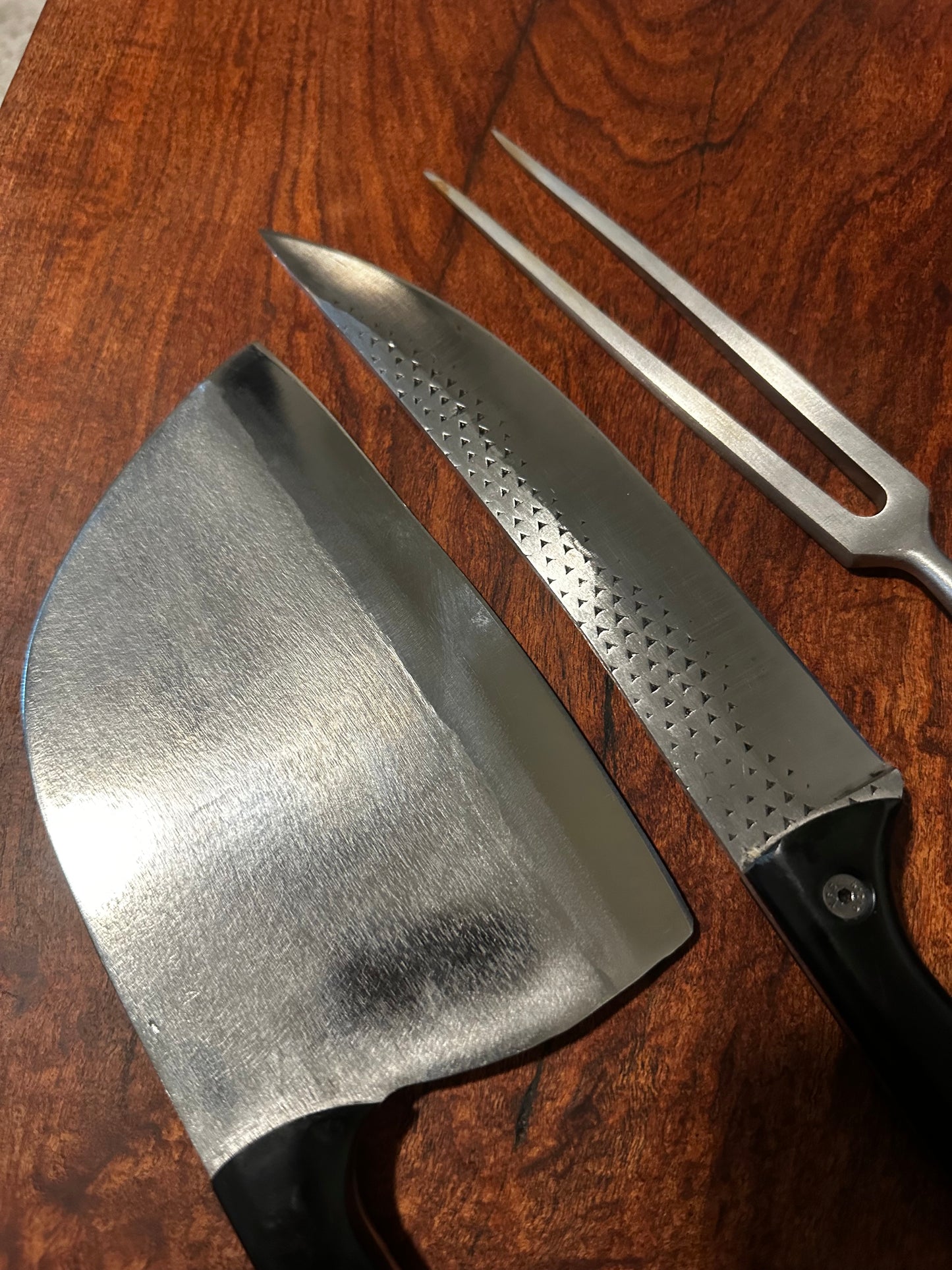 Handmade Black Handle Kitchen Tool Set RockinEDC Knife 1095 Cleaver Stainless Fork