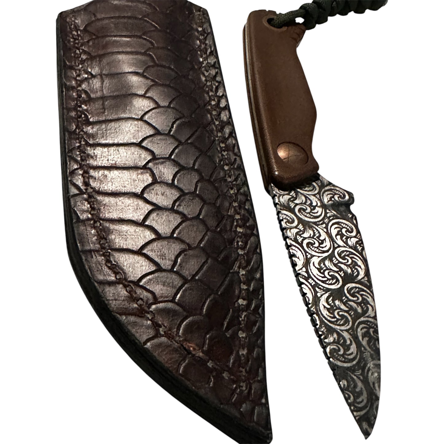 7” Floral Engraved Fixed Blade Knife Brown G10 Handle Handmade Leather Sheath Includes RockinEDC Steel Wax