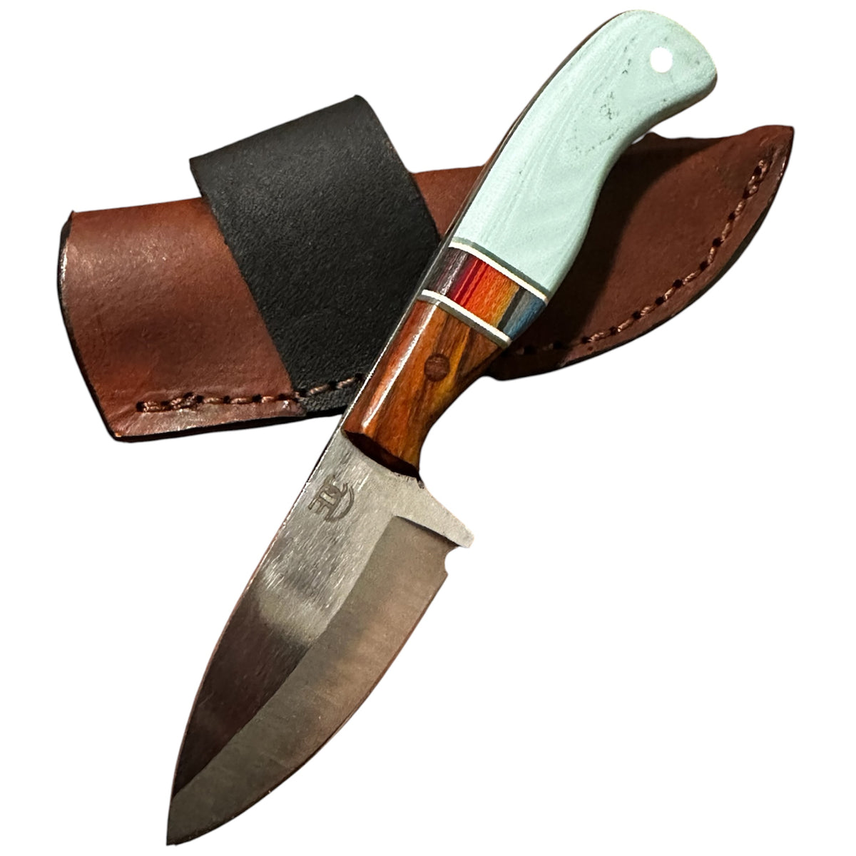RockinEDC Bracero Handmade 1084 Carbon Steel EDC Knife – Cocobolo and Serape Micarta Handle with Side-Carry Leather Sheath